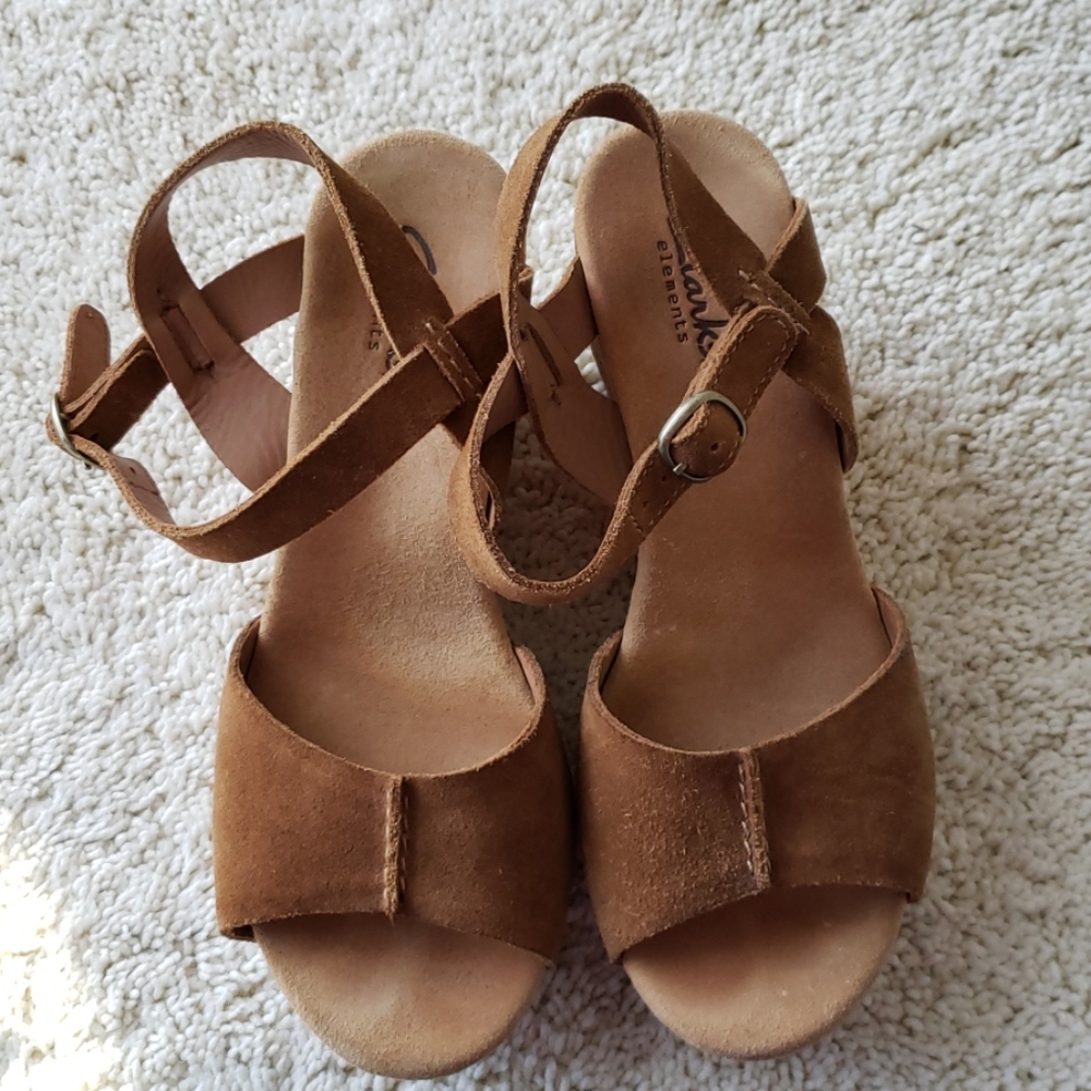 Clarks brown leather cork wedges, size 6M